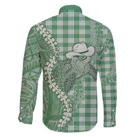 Green Hawaii Palaka Cowboy Turtle Family Matching Long Sleeve Bodycon Dress and Hawaiian Shirt Hawaiian Paniolo Puakenikeni Maile Lei - Polynesian Pride