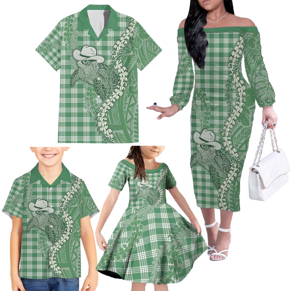 Green Hawaii Palaka Cowboy Turtle Family Matching Off The Shoulder Long Sleeve Dress and Hawaiian Shirt Hawaiian Paniolo Puakenikeni Maile Lei - Polynesian Pride