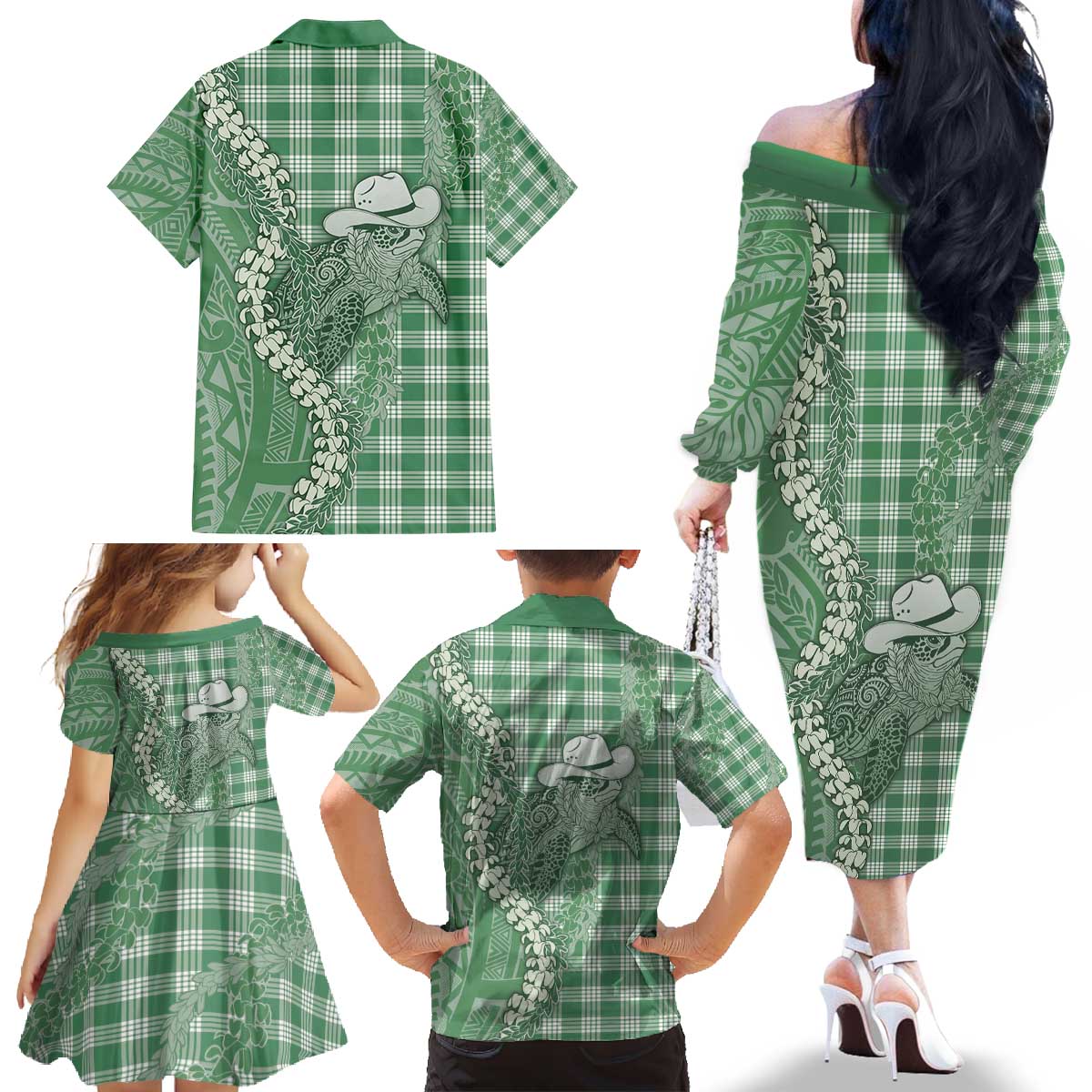 Green Hawaii Palaka Cowboy Turtle Family Matching Off The Shoulder Long Sleeve Dress and Hawaiian Shirt Hawaiian Paniolo Puakenikeni Maile Lei - Polynesian Pride