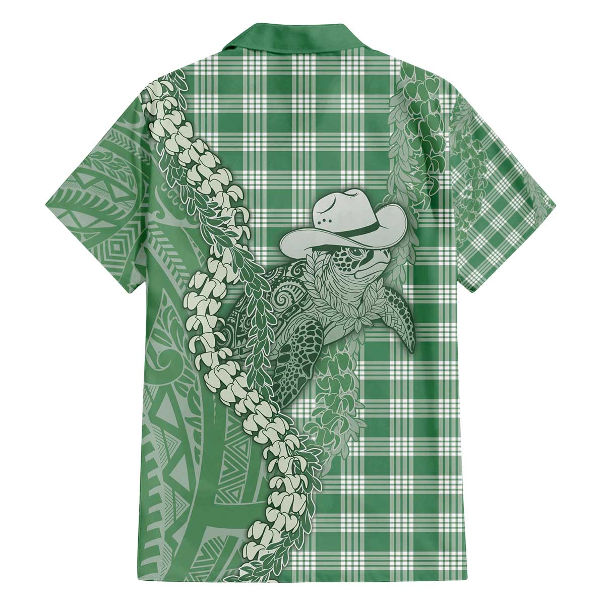 Green Hawaii Palaka Cowboy Turtle Family Matching Off The Shoulder Long Sleeve Dress and Hawaiian Shirt Hawaiian Paniolo Puakenikeni Maile Lei - Polynesian Pride