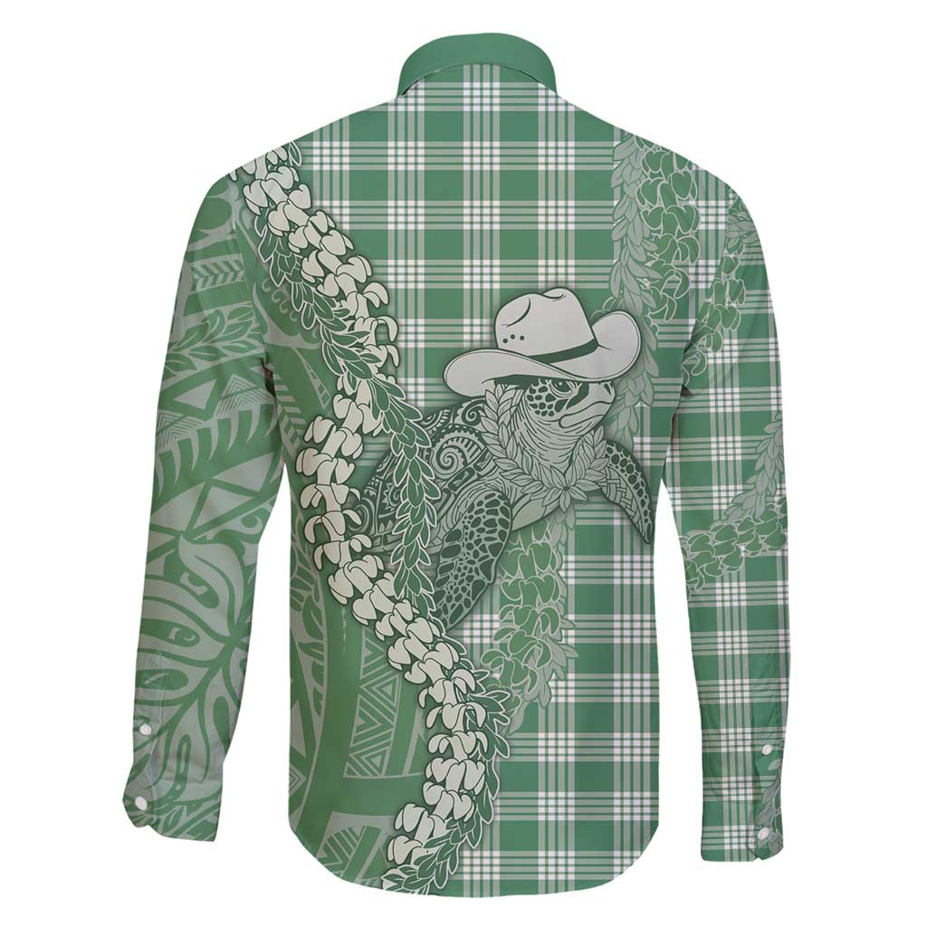 Green Hawaii Palaka Cowboy Turtle Family Matching Off Shoulder Short Dress and Hawaiian Shirt Hawaiian Paniolo Puakenikeni Maile Lei - Polynesian Pride