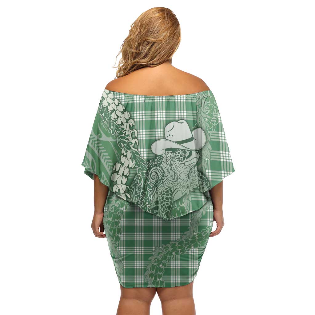 Green Hawaii Palaka Cowboy Turtle Family Matching Off Shoulder Short Dress and Hawaiian Shirt Hawaiian Paniolo Puakenikeni Maile Lei - Polynesian Pride