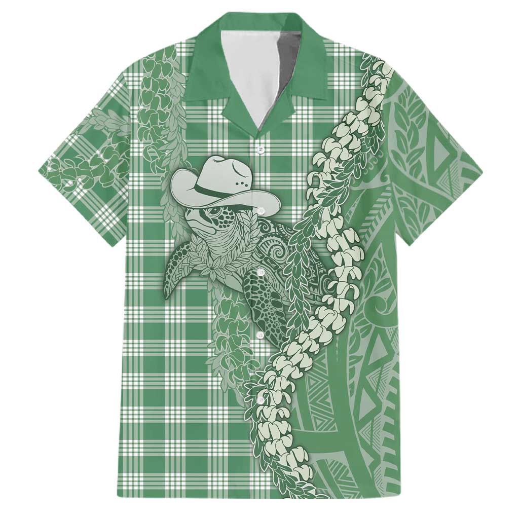 Green Hawaii Palaka Cowboy Turtle Family Matching Puletasi and Hawaiian Shirt Hawaiian Paniolo Puakenikeni Maile Lei DT05 Dad's Shirt - Short Sleeve Green - Polynesian Pride