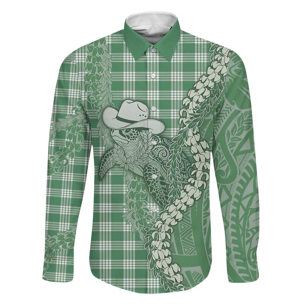 Green Hawaii Palaka Cowboy Turtle Family Matching Puletasi and Hawaiian Shirt Hawaiian Paniolo Puakenikeni Maile Lei DT05 Dad's Shirt - Long Sleeve Green - Polynesian Pride