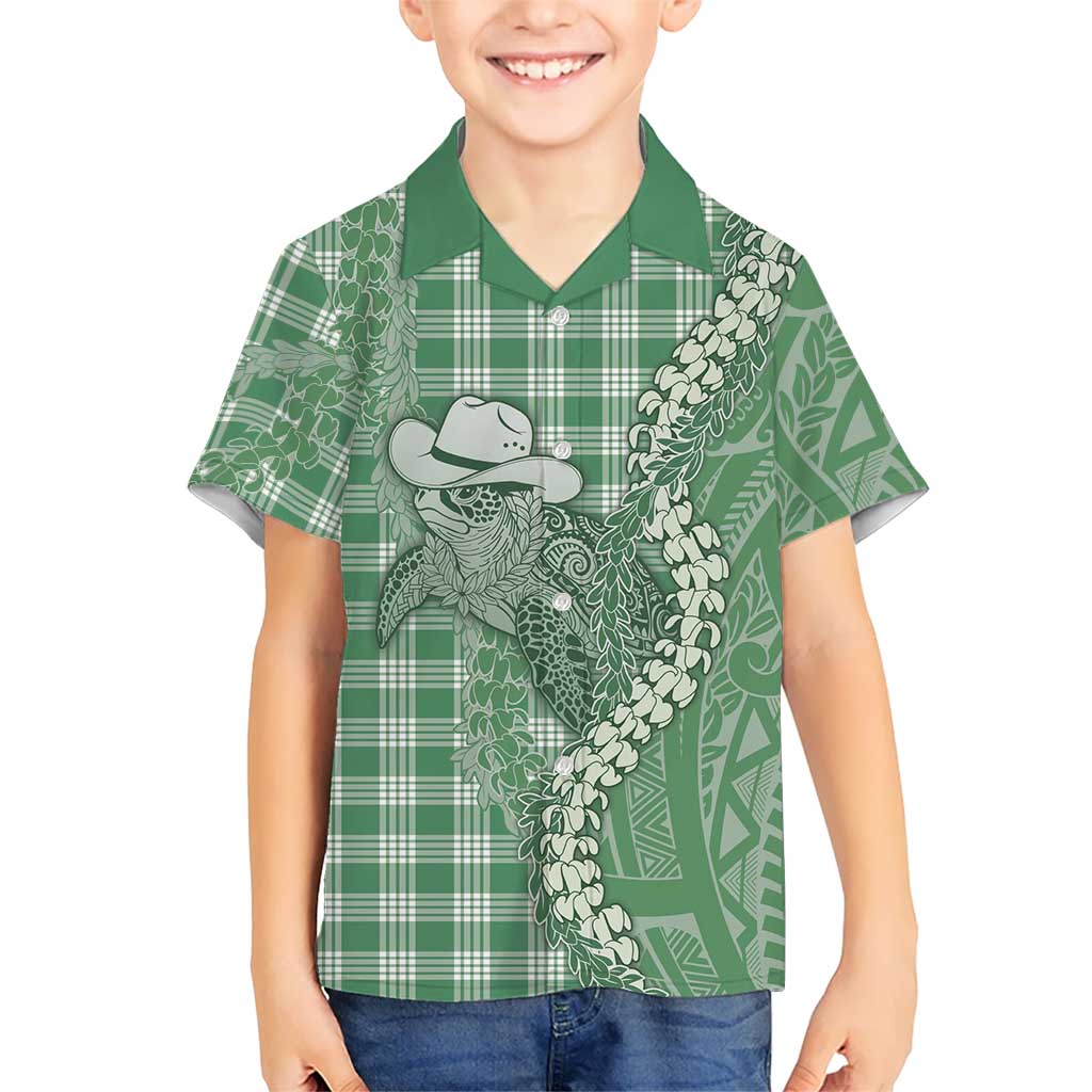Green Hawaii Palaka Cowboy Turtle Family Matching Puletasi and Hawaiian Shirt Hawaiian Paniolo Puakenikeni Maile Lei DT05 Son's Shirt Green - Polynesian Pride