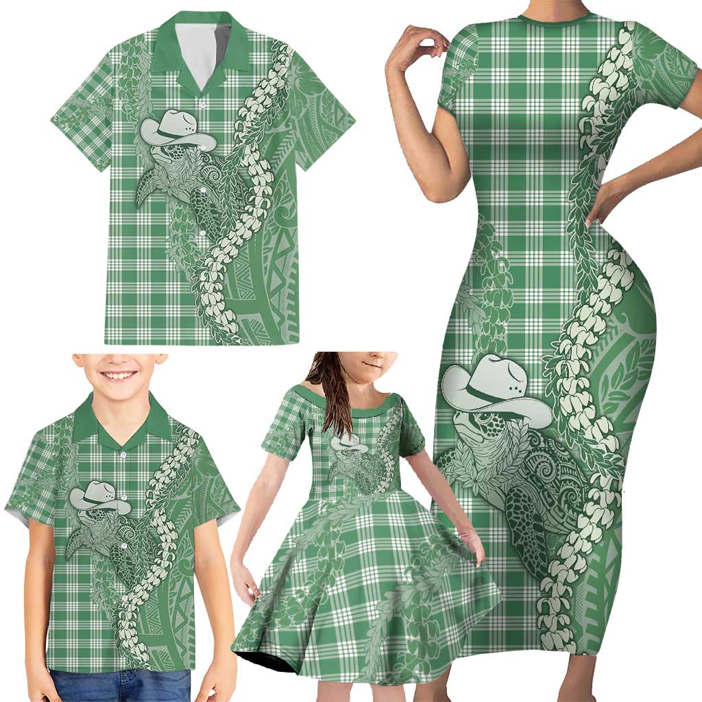 Green Hawaii Palaka Cowboy Turtle Family Matching Short Sleeve Bodycon Dress and Hawaiian Shirt Hawaiian Paniolo Puakenikeni Maile Lei - Polynesian Pride