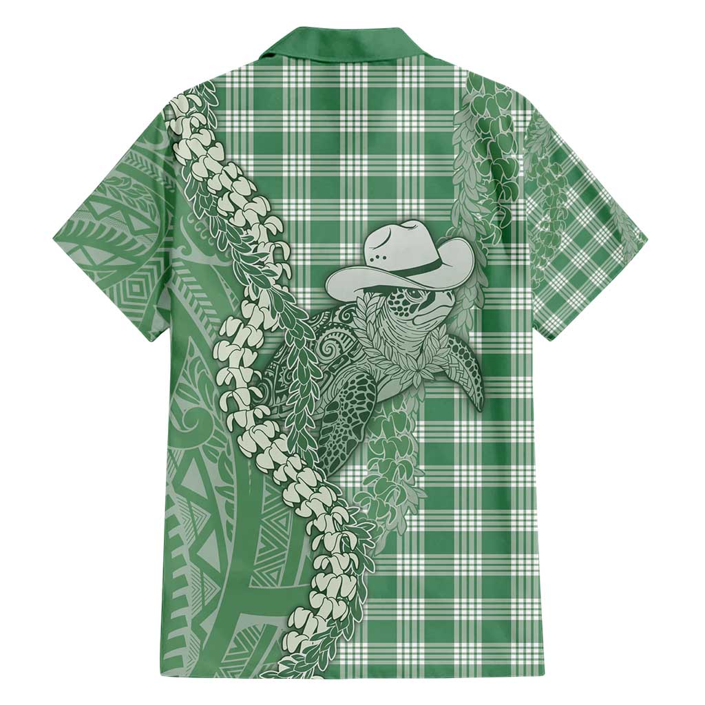 Green Hawaii Palaka Cowboy Turtle Family Matching Short Sleeve Bodycon Dress and Hawaiian Shirt Hawaiian Paniolo Puakenikeni Maile Lei - Polynesian Pride
