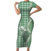 Green Hawaii Palaka Cowboy Turtle Family Matching Short Sleeve Bodycon Dress and Hawaiian Shirt Hawaiian Paniolo Puakenikeni Maile Lei - Polynesian Pride