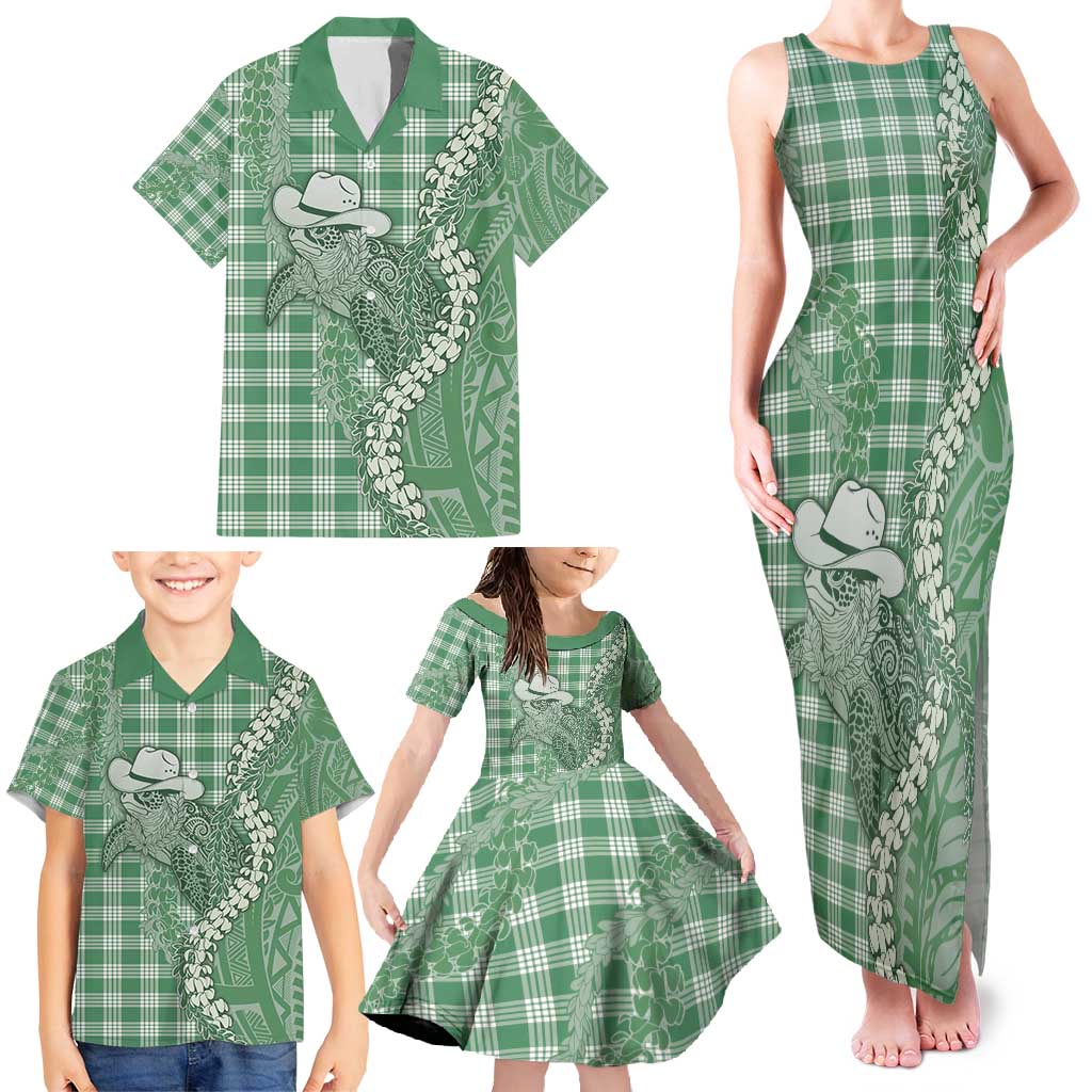 Green Hawaii Palaka Cowboy Turtle Family Matching Tank Maxi Dress and Hawaiian Shirt Hawaiian Paniolo Puakenikeni Maile Lei - Polynesian Pride