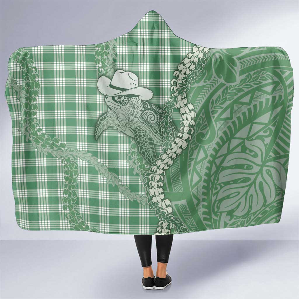 Green Hawaii Palaka Cowboy Turtle Hooded Blanket Hawaiian Paniolo Puakenikeni Maile Lei - Polynesian Pride