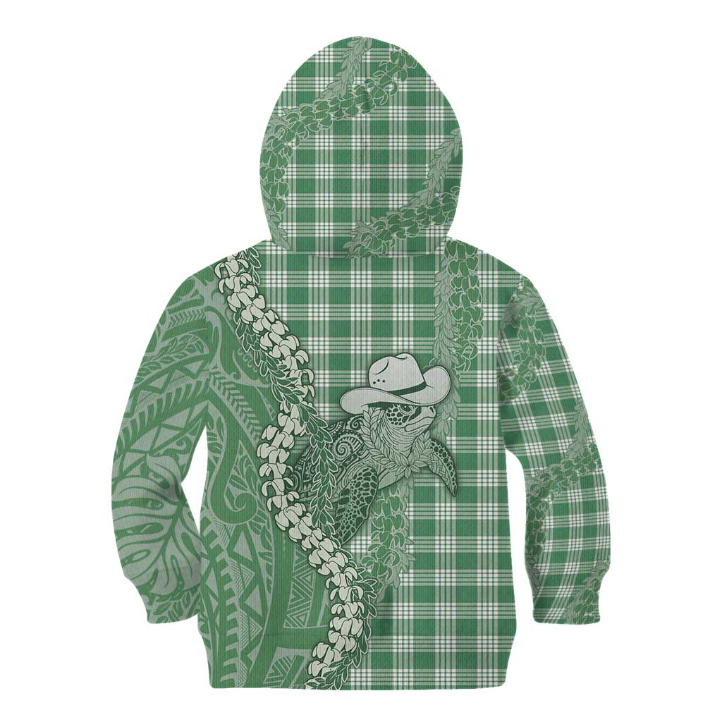 Green Hawaii Palaka Cowboy Turtle Kid Hoodie Hawaiian Paniolo Puakenikeni Maile Lei - Polynesian Pride