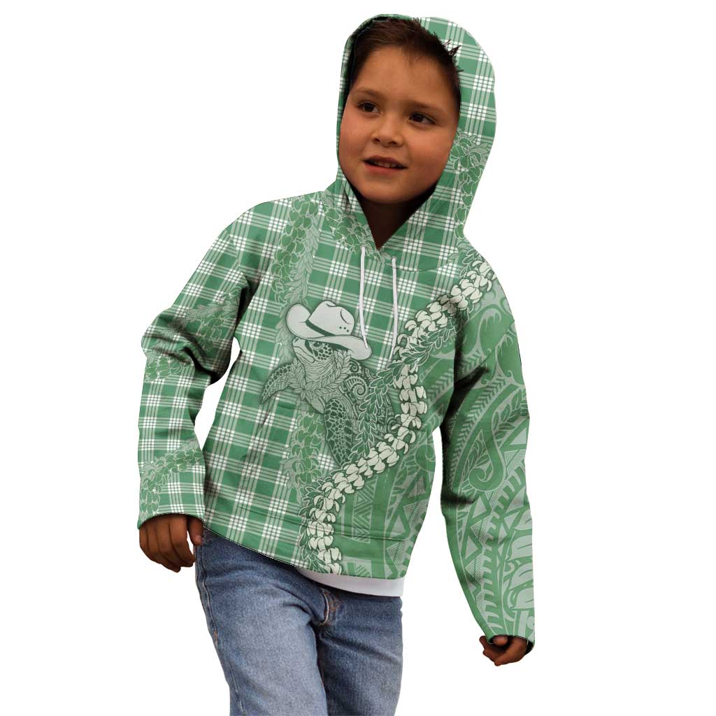 Green Hawaii Palaka Cowboy Turtle Kid Hoodie Hawaiian Paniolo Puakenikeni Maile Lei - Polynesian Pride