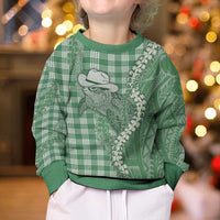 Green Hawaii Palaka Cowboy Turtle Kid Ugly Christmas Sweater Hawaiian Paniolo Puakenikeni Maile Lei - Polynesian Pride