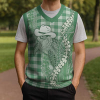 Green Hawaii Palaka Cowboy Turtle Christmas Knitted V-Neck Vest Hawaiian Paniolo Puakenikeni Maile Lei - Polynesian Pride