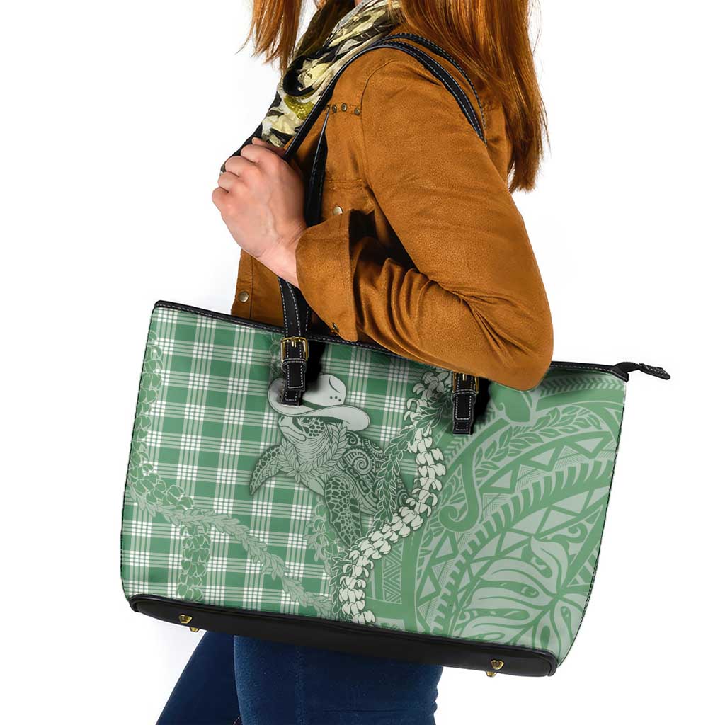 Green Hawaii Palaka Cowboy Turtle Leather Tote Bag Hawaiian Paniolo Puakenikeni Maile Lei - Polynesian Pride