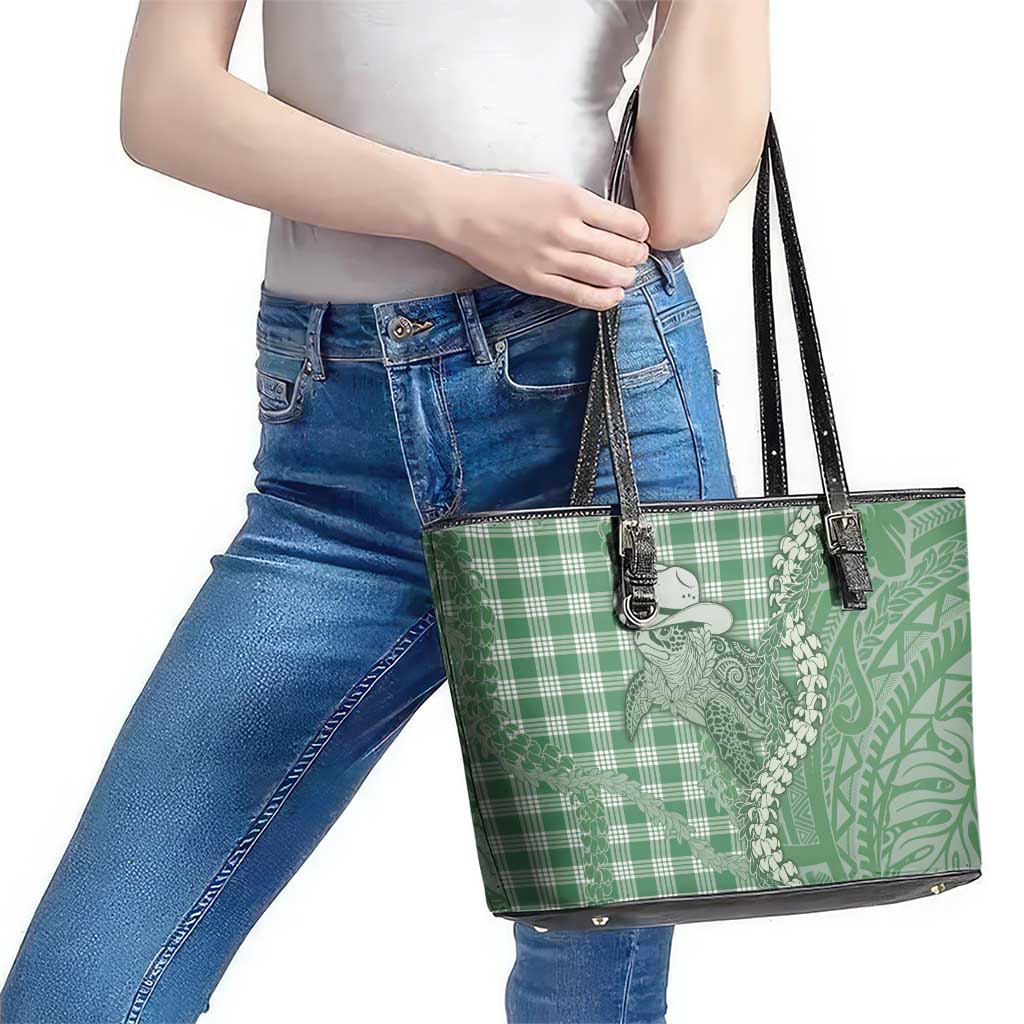 Green Hawaii Palaka Cowboy Turtle Leather Tote Bag Hawaiian Paniolo Puakenikeni Maile Lei - Polynesian Pride