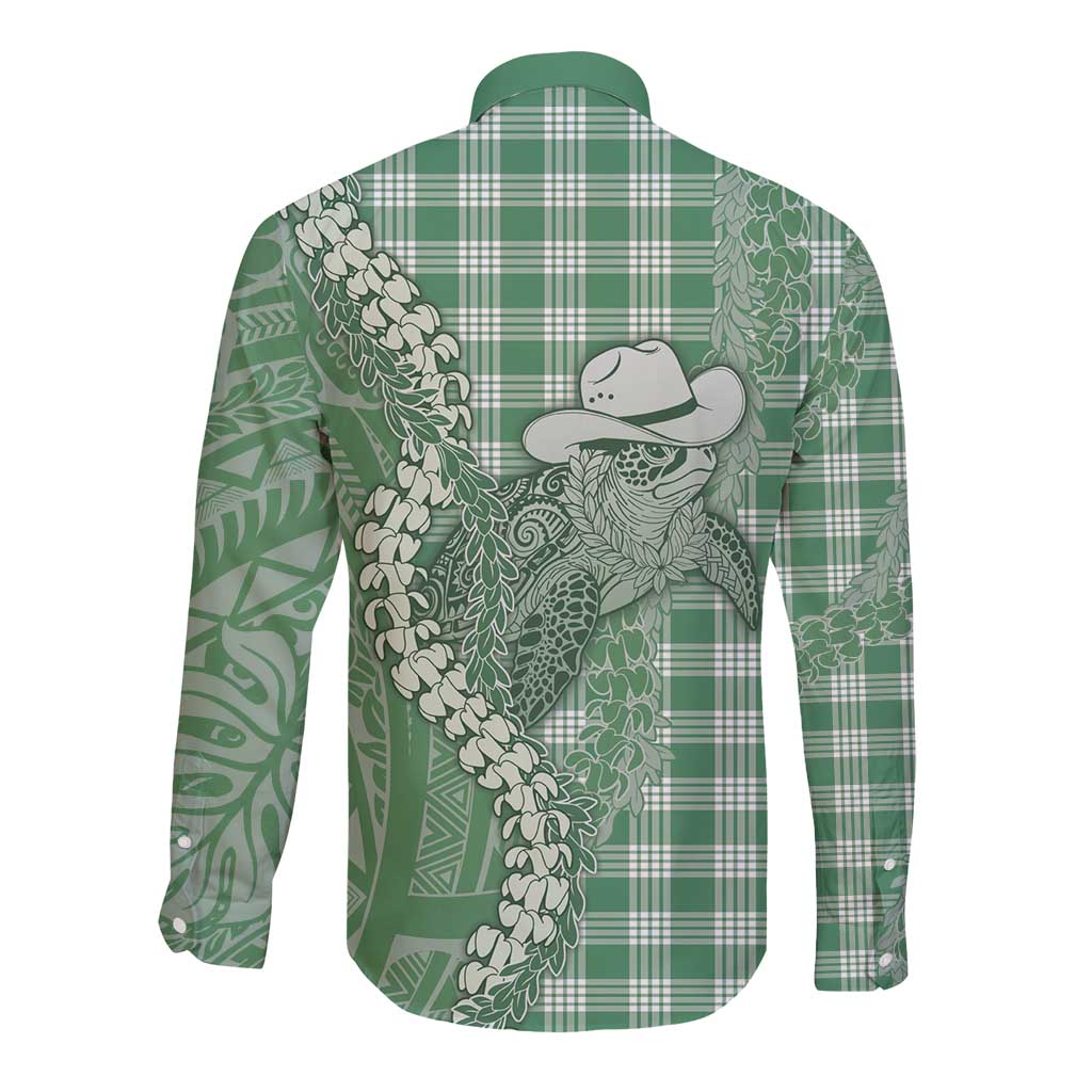 Green Hawaii Palaka Cowboy Turtle Long Sleeve Button Shirt Hawaiian Paniolo Puakenikeni Maile Lei - Polynesian Pride