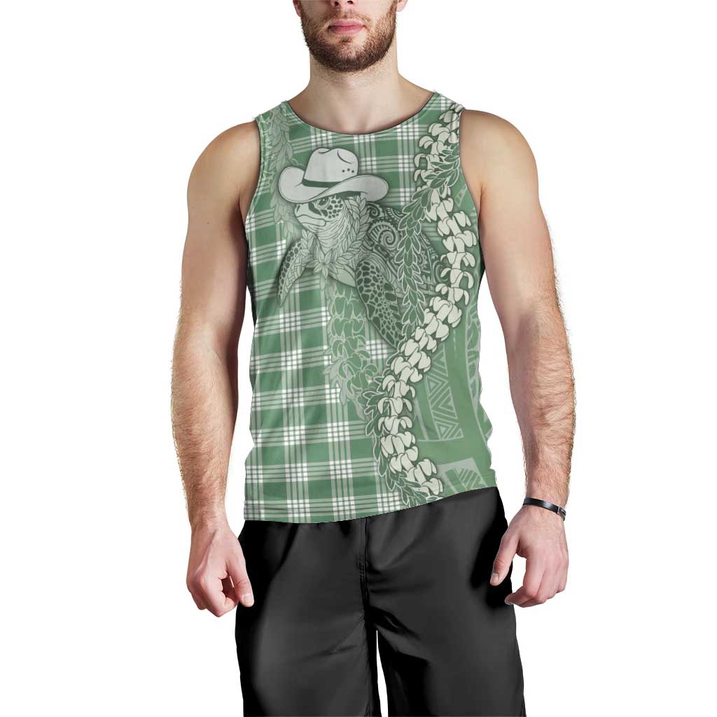 Green Hawaii Palaka Cowboy Turtle Men Tank Top Hawaiian Paniolo Puakenikeni Maile Lei - Polynesian Pride