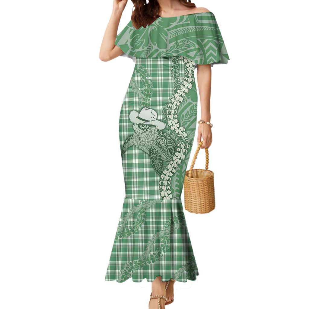 Green Hawaii Palaka Cowboy Turtle Mermaid Dress Hawaiian Paniolo Puakenikeni Maile Lei - Polynesian Pride