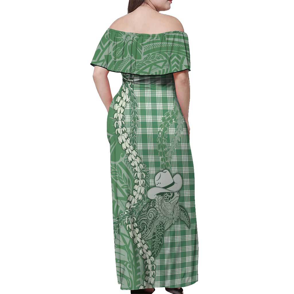 Green Hawaii Palaka Cowboy Turtle Off Shoulder Maxi Dress Hawaiian Paniolo Puakenikeni Maile Lei - Polynesian Pride