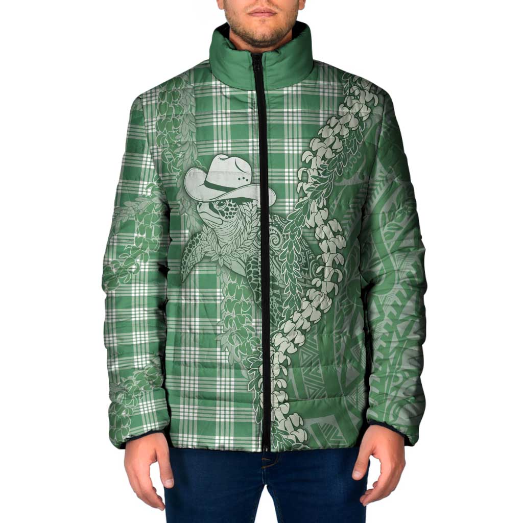 Green Hawaii Palaka Cowboy Turtle Padded Jacket Hawaiian Paniolo Puakenikeni Maile Lei - Polynesian Pride