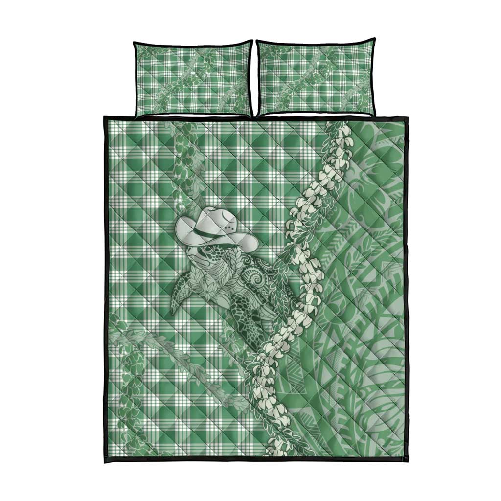 Green Hawaii Palaka Cowboy Turtle Quilt Bed Set Hawaiian Paniolo Puakenikeni Maile Lei - Polynesian Pride