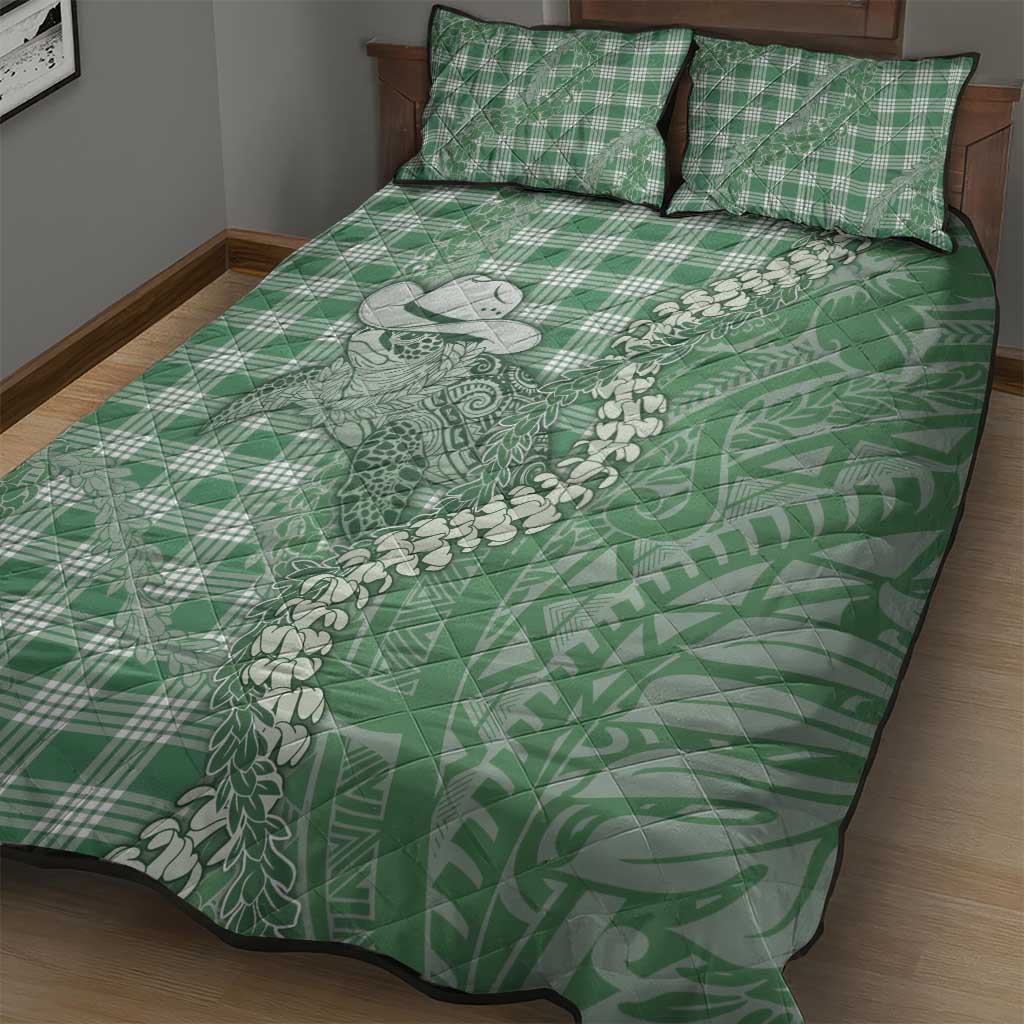 Green Hawaii Palaka Cowboy Turtle Quilt Bed Set Hawaiian Paniolo Puakenikeni Maile Lei - Polynesian Pride