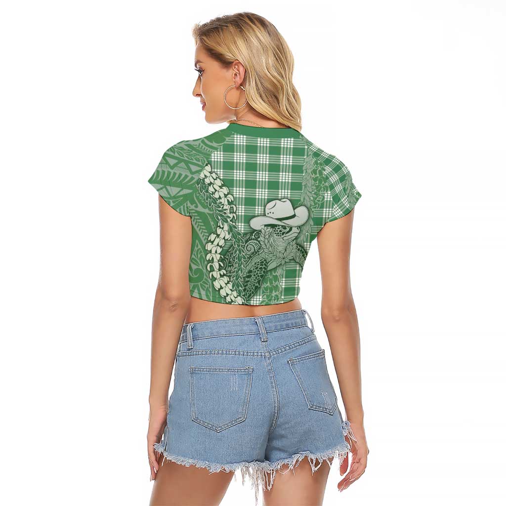 Green Hawaii Palaka Cowboy Turtle Raglan Cropped T Shirt Hawaiian Paniolo Puakenikeni Maile Lei - Polynesian Pride