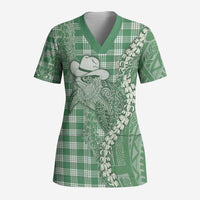Green Hawaii Palaka Cowboy Turtle Scrub Top Hawaiian Paniolo Puakenikeni Maile Lei - Polynesian Pride