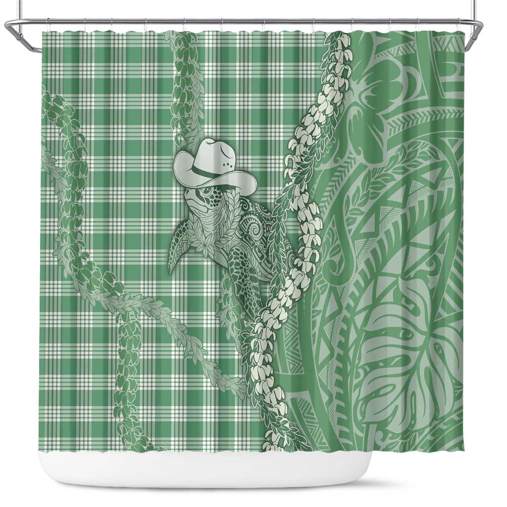 Green Hawaii Palaka Cowboy Turtle Shower Curtain Hawaiian Paniolo Puakenikeni Maile Lei - Polynesian Pride