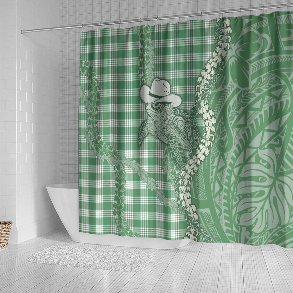 Green Hawaii Palaka Cowboy Turtle Shower Curtain Hawaiian Paniolo Puakenikeni Maile Lei - Polynesian Pride