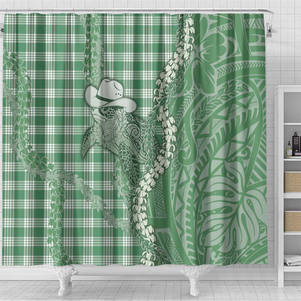 Green Hawaii Palaka Cowboy Turtle Shower Curtain Hawaiian Paniolo Puakenikeni Maile Lei - Polynesian Pride