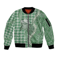Green Hawaii Palaka Cowboy Turtle Sleeve Zip Bomber Jacket Hawaiian Paniolo Puakenikeni Maile Lei - Polynesian Pride