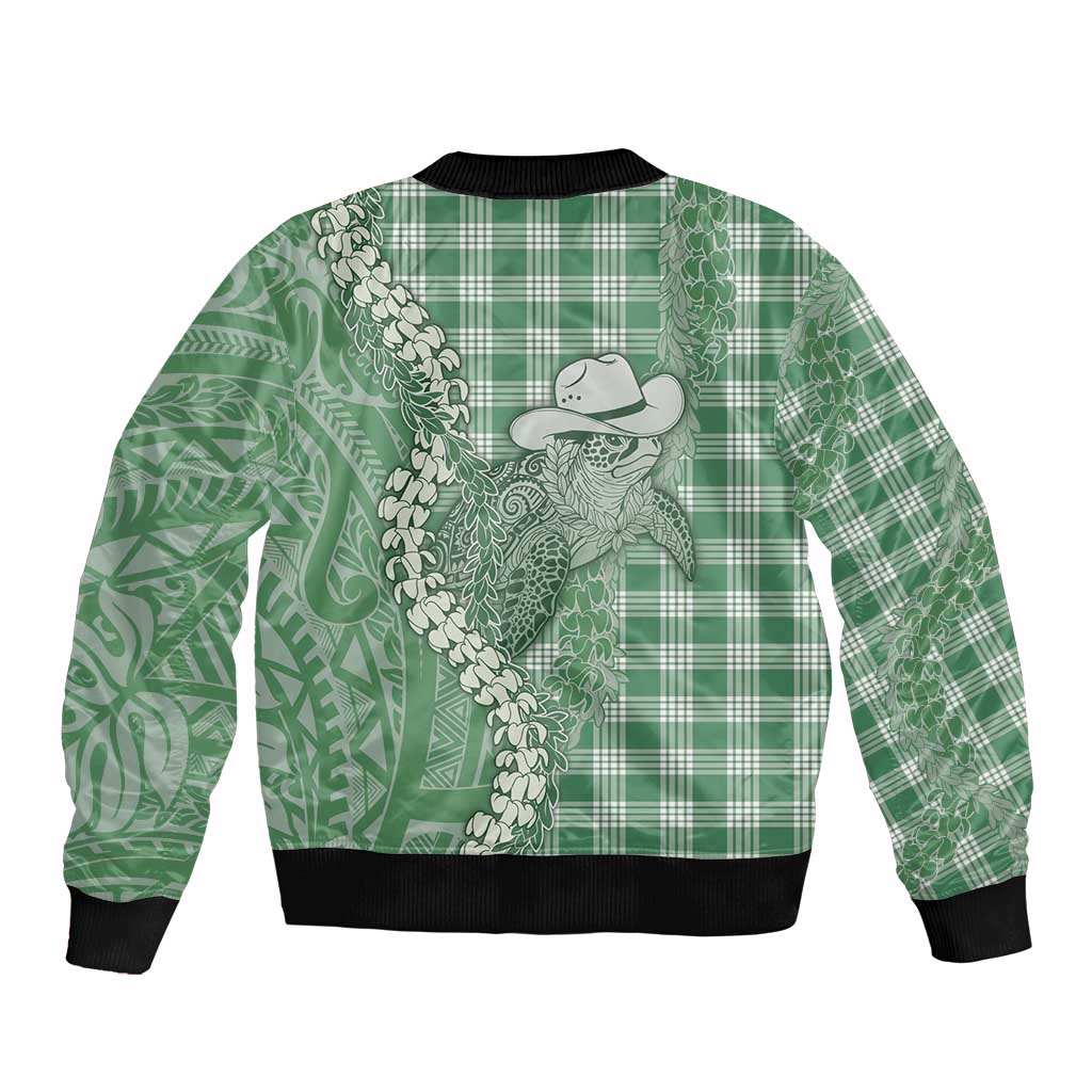 Green Hawaii Palaka Cowboy Turtle Sleeve Zip Bomber Jacket Hawaiian Paniolo Puakenikeni Maile Lei - Polynesian Pride