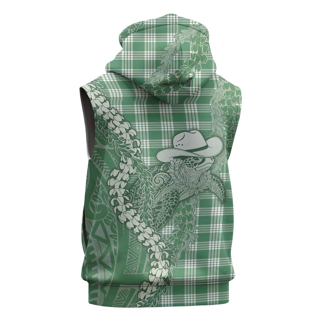 Green Hawaii Palaka Cowboy Turtle Sleeveless Hoodie Hawaiian Paniolo Puakenikeni Maile Lei - Polynesian Pride