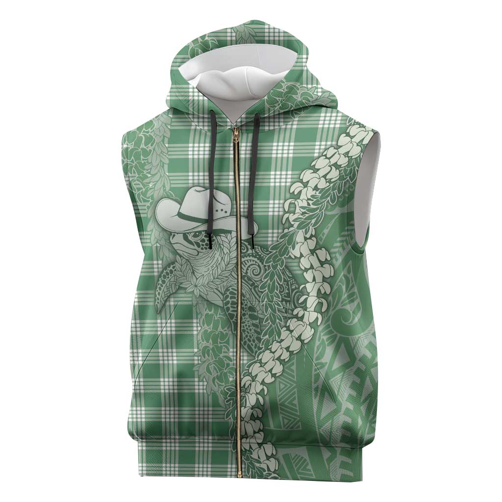 Green Hawaii Palaka Cowboy Turtle Sleeveless Zip Hoodie Hawaiian Paniolo Puakenikeni Maile Lei - Polynesian Pride