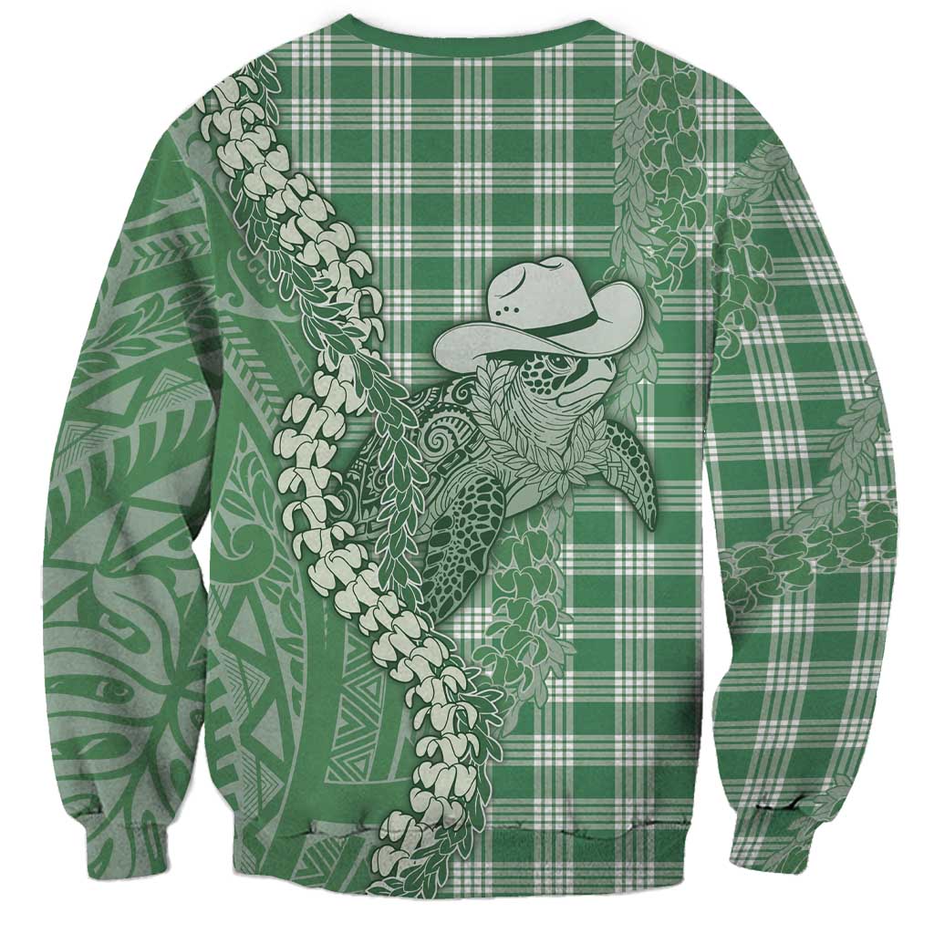 Green Hawaii Palaka Cowboy Turtle Sweatshirt Hawaiian Paniolo Puakenikeni Maile Lei - Polynesian Pride