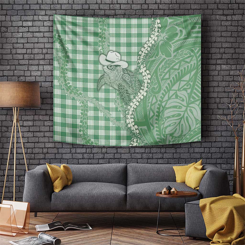 Green Hawaii Palaka Cowboy Turtle Tapestry Hawaiian Paniolo Puakenikeni Maile Lei - Polynesian Pride