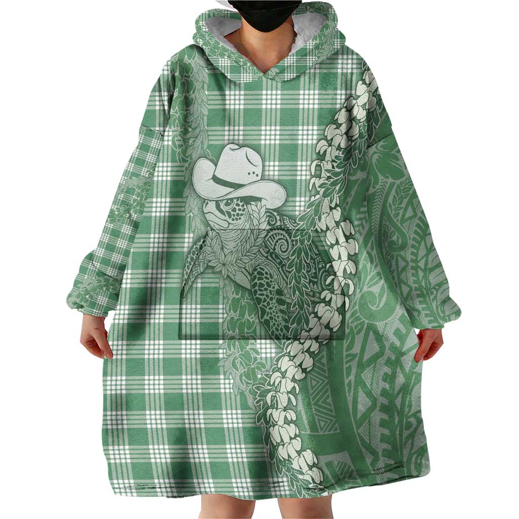 Green Hawaii Palaka Cowboy Turtle Wearable Blanket Hoodie Hawaiian Paniolo Puakenikeni Maile Lei - Polynesian Pride