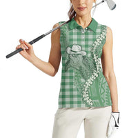 Green Hawaii Palaka Cowboy Turtle Women Sleeveless Polo Shirt Hawaiian Paniolo Puakenikeni Maile Lei - Polynesian Pride