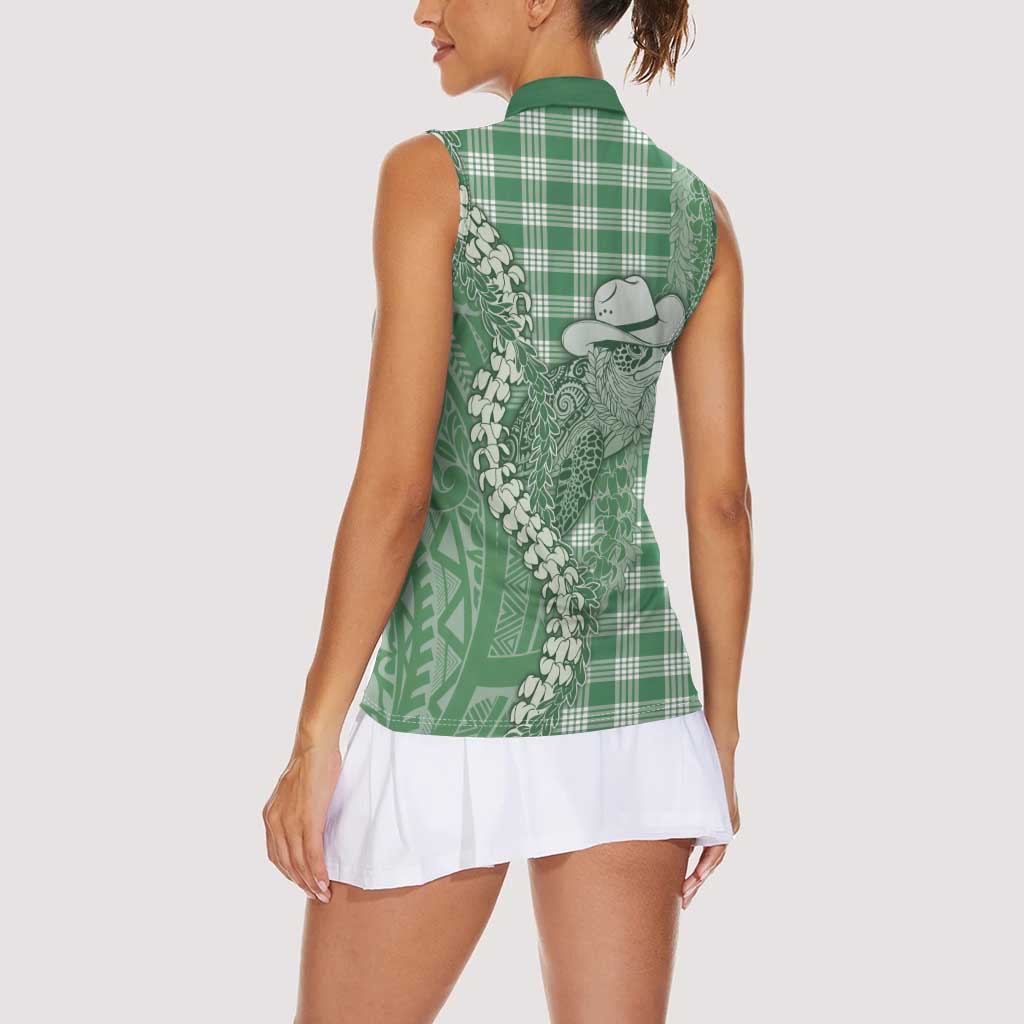 Green Hawaii Palaka Cowboy Turtle Women Sleeveless Polo Shirt Hawaiian Paniolo Puakenikeni Maile Lei - Polynesian Pride