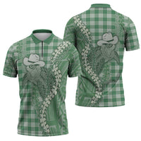 Green Hawaii Palaka Cowboy Turtle Zipper Polo Shirt Hawaiian Paniolo Puakenikeni Maile Lei - Polynesian Pride