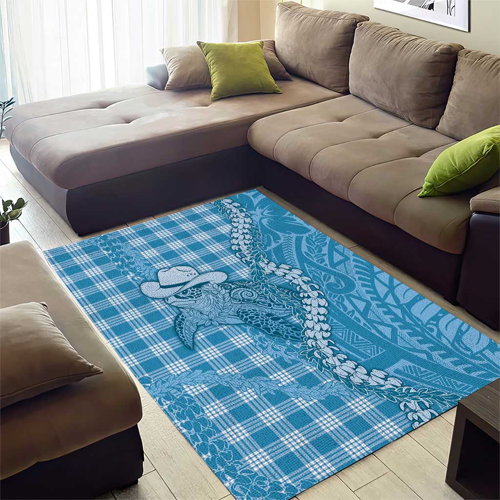 Blue Hawaii Palaka Cowboy Turtle Area Rug Hawaiian Paniolo Puakenikeni Maile Lei - Polynesian Pride