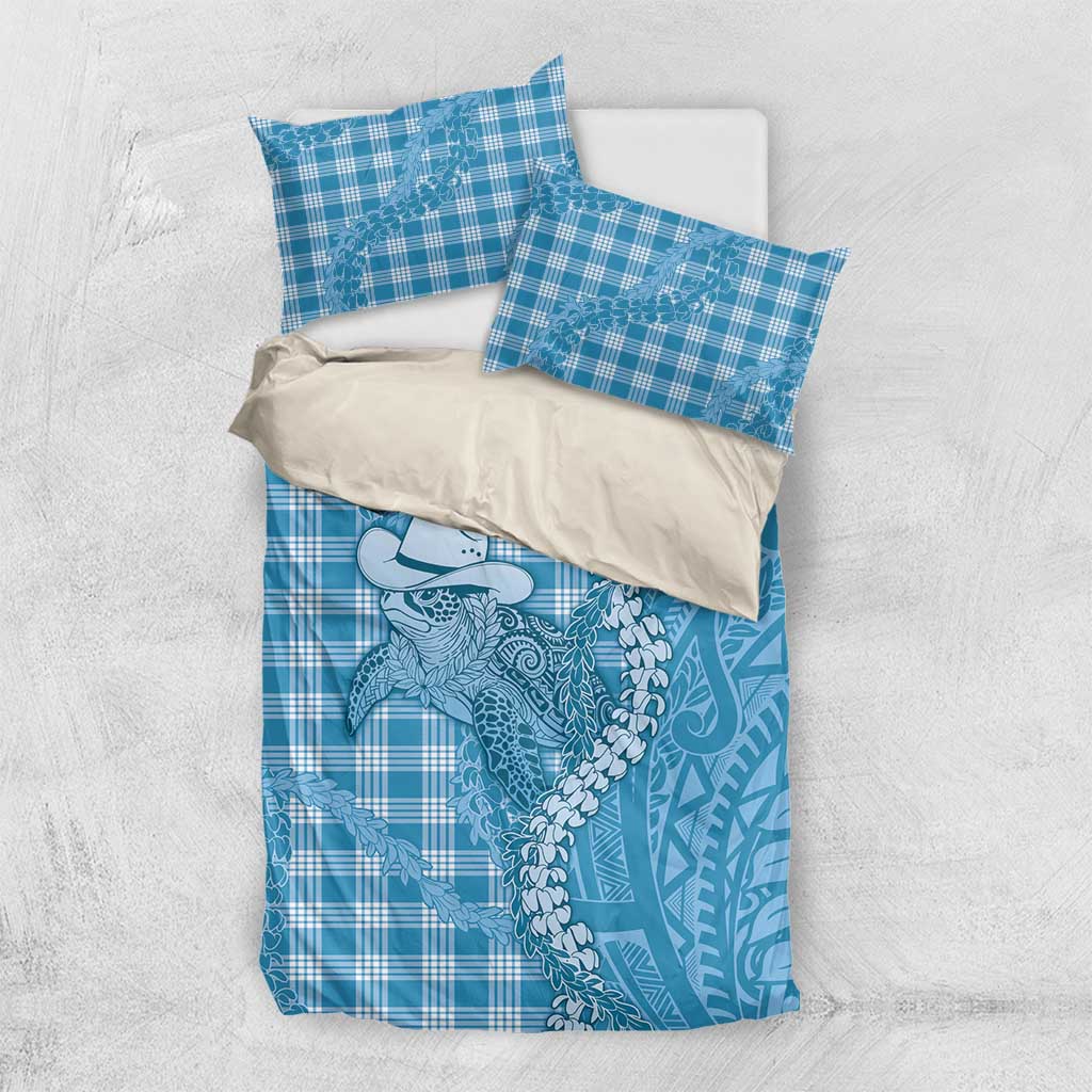 Blue Hawaii Palaka Cowboy Turtle Bedding Set Hawaiian Paniolo Puakenikeni Maile Lei - Polynesian Pride