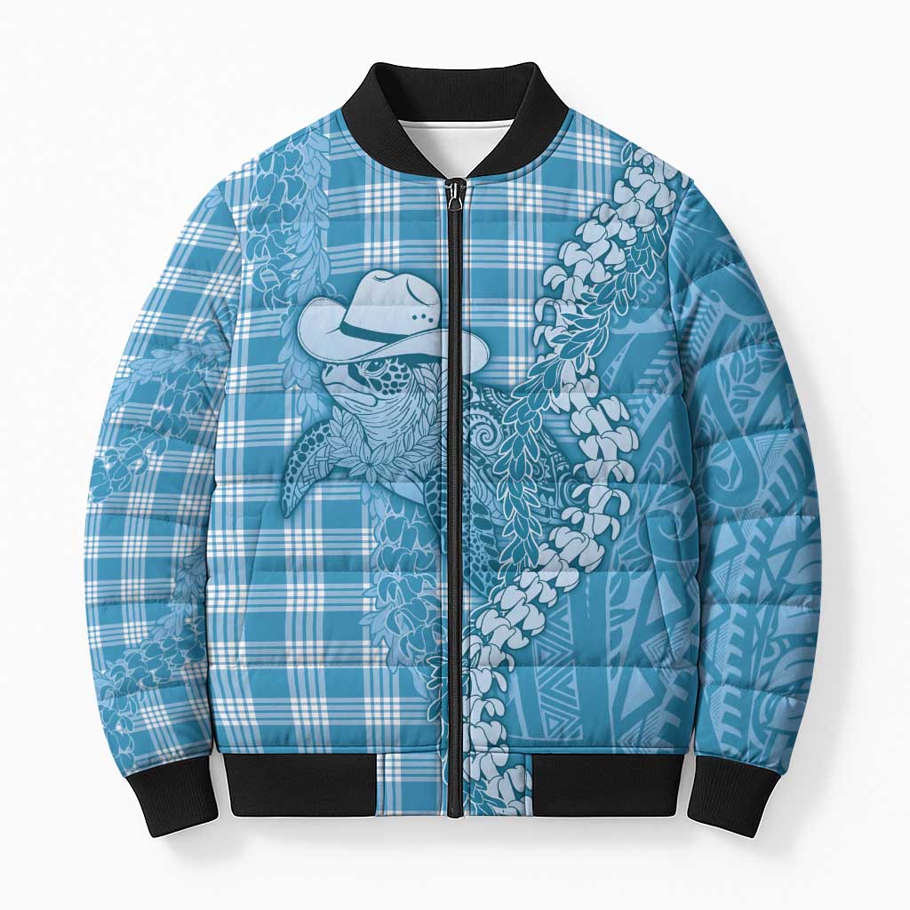 Blue Hawaii Palaka Cowboy Turtle Bomber Puffer Jacket Hawaiian Paniolo Puakenikeni Maile Lei - Polynesian Pride