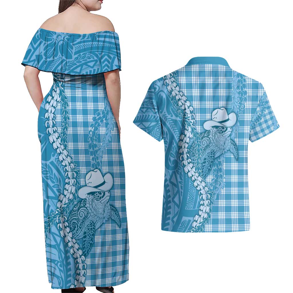Blue Hawaii Palaka Cowboy Turtle Couples Matching Off Shoulder Maxi Dress and Hawaiian Shirt Hawaiian Paniolo Puakenikeni Maile Lei - Polynesian Pride