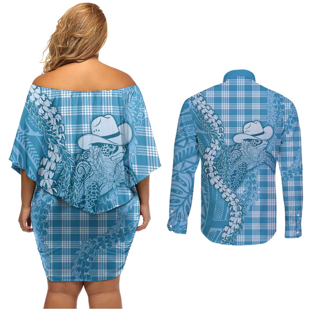 Blue Hawaii Palaka Cowboy Turtle Couples Matching Off Shoulder Short Dress and Long Sleeve Button Shirt Hawaiian Paniolo Puakenikeni Maile Lei - Polynesian Pride