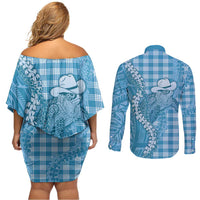 Blue Hawaii Palaka Cowboy Turtle Couples Matching Off Shoulder Short Dress and Long Sleeve Button Shirt Hawaiian Paniolo Puakenikeni Maile Lei - Polynesian Pride