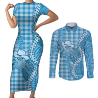 Blue Hawaii Palaka Cowboy Turtle Couples Matching Short Sleeve Bodycon Dress and Long Sleeve Button Shirt Hawaiian Paniolo Puakenikeni Maile Lei - Polynesian Pride