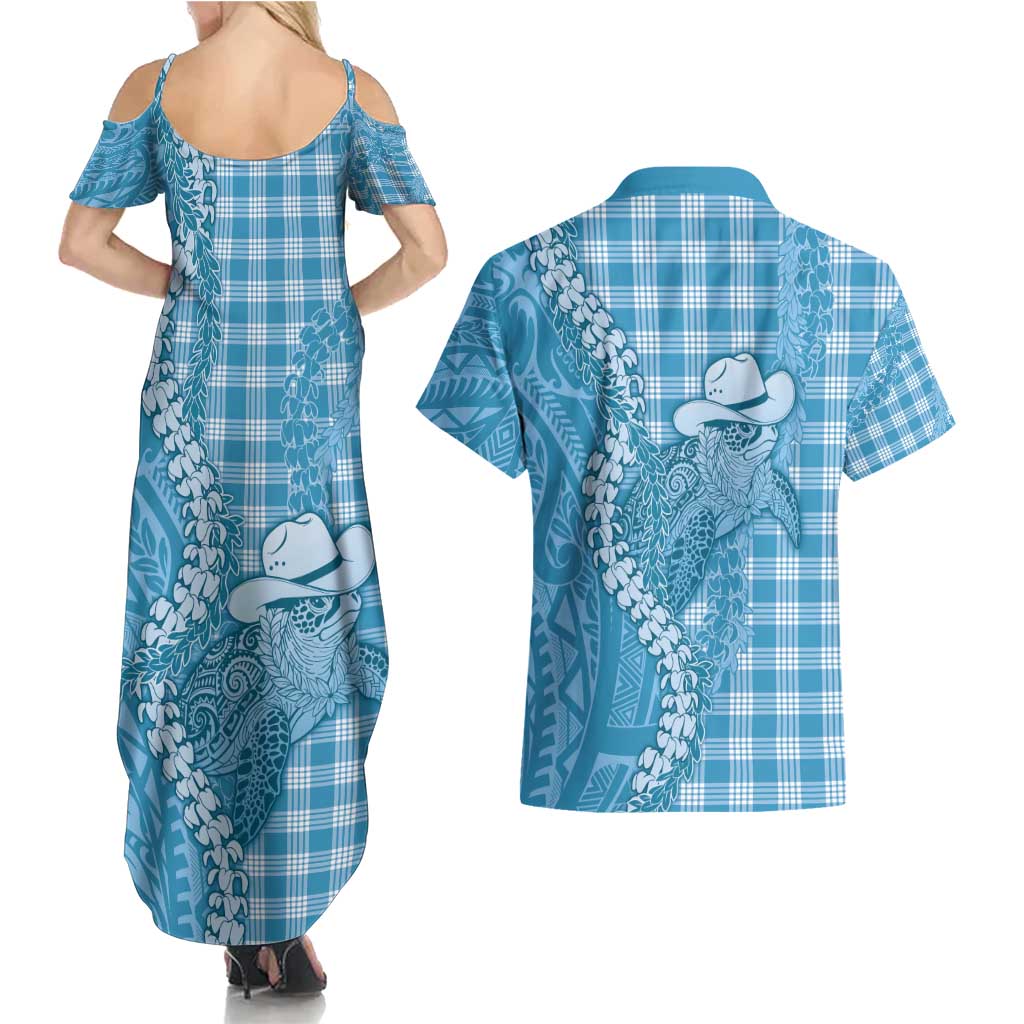 Blue Hawaii Palaka Cowboy Turtle Couples Matching Summer Maxi Dress and Hawaiian Shirt Hawaiian Paniolo Puakenikeni Maile Lei - Polynesian Pride